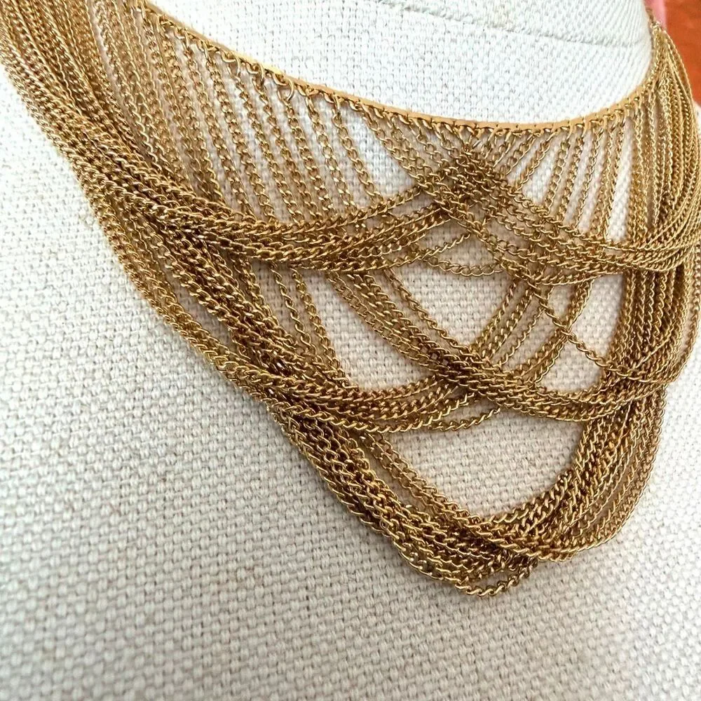 Vintage Gold Tone Multi Strand Draped Chain Statement Necklace